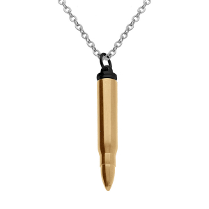 COLLIER ACIER PENDENTIF ACIER DORÉ JAUNE ET PVD NOIR BALLE DE FUSIL PORTE POUDRE 7 x 43mm  55+5CM