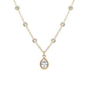 COLLIER ACIER DORÉ PENDENTIF GOUTTE OXYDE BLANC SERTI CLOS ET OXYDES BLANCS SERTIS CLOS SUR CHAINE   40+5CM