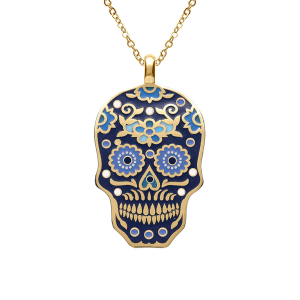 COLLIER ACIER DORÉ JAUNE STELLA MIA TETE DE MORT RÉSINE MULTI COULEUR 45+10CM