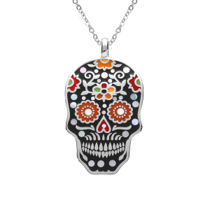 COLLIER ACIER STELLA MIA TETE DE MORT RÉSINE MULTI COULEUR ET NACRE 45+10CM