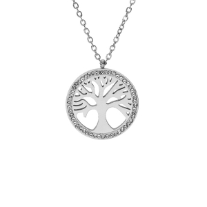 COLLIER ACIER PENDENTIF ARBRE DE VIE RÉSINE ET STRASS 39+5CM