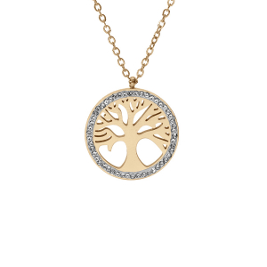 COLLIER ACIER PVD DORÉ PENDENTIF ARBRE DE VIE RÉSINE ET STRASS 39+4CM