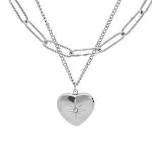COLLIER ACIER DOUBLE RANG AVEC PENDENTIF COEUR  39+5CM