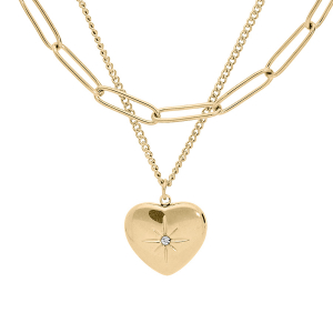 COLLIER ACIER ET PVD DORÉ DOUBLE RANG AVEC PENDENTIF COEUR  39+5CM