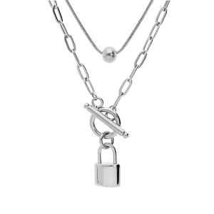 COLLIER ACIER DOUBLE RANG AVEC PENDENTIF CADENAS 44CM
