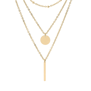 COLLIER ACIER ET PVD JAUNE  3 RANGS AVEC PASTILLE ET TIGE VERTICALE 36+5CM