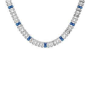 COLLIER ACIER OXYDES BLANCS ET BLEUS FONCÉ SERTIS DOUBLE FERMOIR 44CM RÉGLABLE 40CM