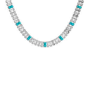 COLLIER ACIER OXYDES BLANCS ET BLEU CIEL SERTIS DOUBLE FERMOIR 44CM RÉGLABLE 40CM