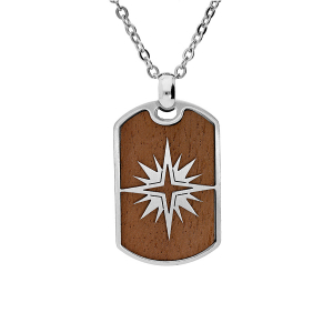 COLLIER ACIER PENDENTIF RECTANGULAIRE BOIS MOTIF SOLEIL 50+5CM