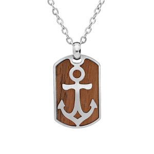 COLLIER ACIER PENDENTIF RECTANGULAIRE BOIS MOTIF ANCRE 50+5CM