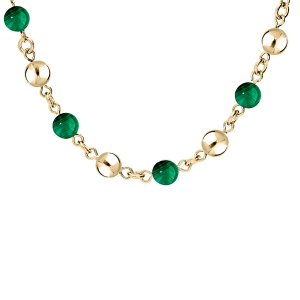 COLLIER ACIER ET PVD JAUNE MARSEILLAIS BOULES AGATE VERTE VÉRITABLE  40+5CM