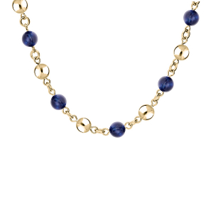 COLLIER ACIER ET PVD JAUNE MARSEILLAIS BOULES OEIL DE TIGRE BLEU VÉRITABLE  40+5CM