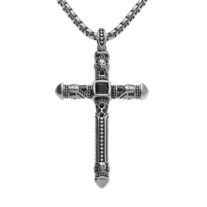 COLLIER ACIER MAILLE JASERON PENDENTIF CROIX 45 X 27MM OXYDE NOIR SERTIS 55CM