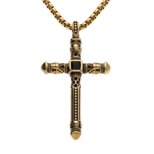 COLLIER ACIER DORÉ MAILLE JASERON PENDENTIF CROIX 45 X 27MM OXYDE NOIR SERTIS 55CM
