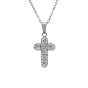 COLLIER ACIER PENDENTIF CROIX 15 X 10MM OXYDES BLANCS SERTIS  42+5CM