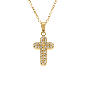 COLLIER ACIER DORÉ PENDENTIF CROIX 15 X 10MM OXYDES BLANCS SERTIS  42+5CM