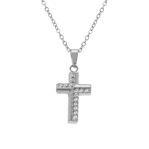 COLLIER ACIER PENDENTIF CROIX 15 X 10MM OXYDES BLANCS SERTIS  42+5CM