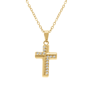 COLLIER ACIER DORÉ PENDENTIF 15 X 10MM  CROIX OXYDES BLANCS SERTIS  42+5CM