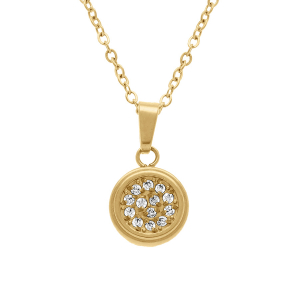 COLLIER ACIER DORÉ PENDENTIF ROND OXYDES BLANCS SERTIS  42+5CM