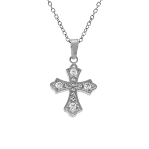 COLLIER ACIER PENDENTIF CROIX OXYDES BLANCS SERTIS  42+5CM