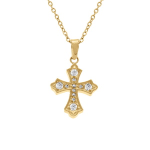 COLLIER ACIER DORÉ PENDENTIF CROIX OXYDES BLANCS SERTIS  42+5CM