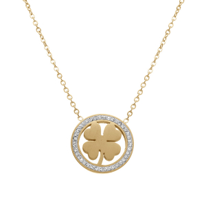 COLLIER  ACIER DORÉ MOTIF TREFLE CONTOUR STRASS  40+5CM