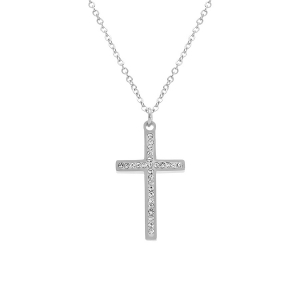 COLLIER ACIER CROIX ET STRASS 40+5CM