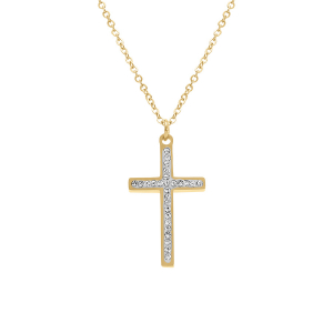 COLLIER ACIER DORÉ CROIX ET STRASS 40+5CM