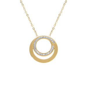 COLLIER ACIER DORÉ 2 ANNEAUX ET STRASS 40+5CM