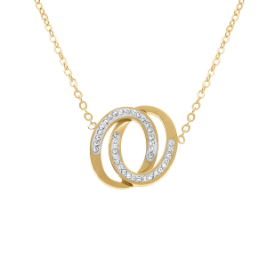 COLLIER ACIER DORÉ  DOUBLE ANNEAUX  ET STRASS 40+5CM