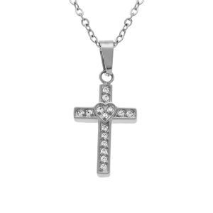 COLLIER ACIER PENDENTIF CROIX DROITE 15 X 10MM AVEC COEUR OXYDES BLANCS SERTIS  42+5CM