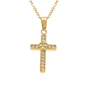 COLLIER ACIER DORÉ PENDENTIF CROIX DROITE 15 X 10MM AVEC COEUR OXYDES BLANCS SERTIS  42+5CM