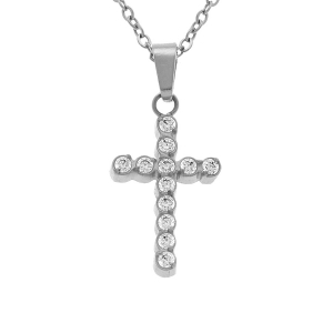 COLLIER ACIER PENDENTIF CROIX 15 X 10MM OXYDES BLANCS SERTIS CLOS 42+5CM