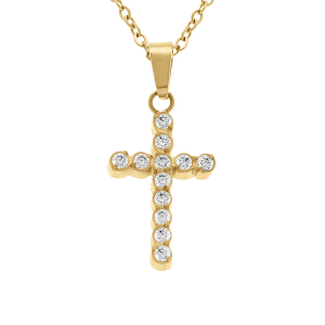 COLLIER ACIER DORÉ PENDENTIF CROIX 15 X 10MM OXYDES BLANCS SERTIS CLOS 42+5CM