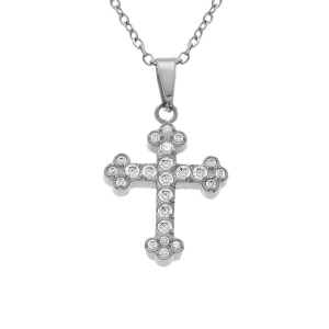 COLLIER ACIER PENDENTIF CROIX STYLISÉ 15 X 12MM OXYDES BLANCS SERTIS 42+5CM