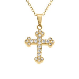 COLLIER ACIER DORÉ PENDENTIF CROIX STYLISÉ 15 X 12MM OXYDES BLANCS SERTIS 42+5CM