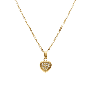 COLLIER ACIER DORÉ JAUNE PENDENTIF COEUR OXYDES BLANCS SERTIS 42+5CM