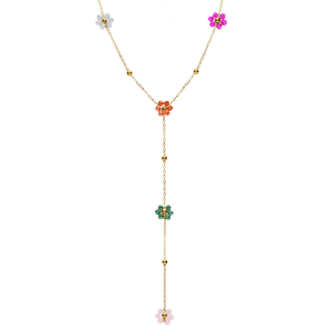 COLLIER ACIER DORÉ FORME CRAVATE CHAINE BOULES ET FLEURS MULTI COULEURS JADE ET QUARTZ 42+6CM
