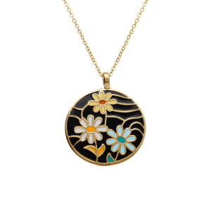 COLLIER ACIER DORÉ JAUNE STELLA MIA  ROND FLEUR FOND RÉSINE NOIRE  45+10CM