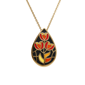 COLLIER ACIER DORÉ JAUNE STELLA MIA FORME GOUTTE RÉSINE NOIRE ET ROUGE  45+10CM