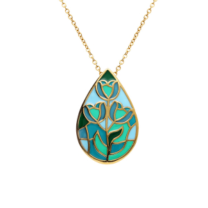 COLLIER ACIER DORÉ JAUNE STELLA MIA FORME GOUTTE RÉSINE BLEU VERT  45+10CM