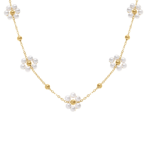 COLLIER ACIER DORÉ JAUNE AVEC FLEUR PERLES BLANCHES IMITATION 40+5CM