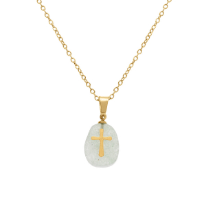 COLLIER ACIER DORÉ PENDENTIF AVENTURINE VÉRITABLE AVEC CROIX 40+6CM