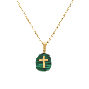 COLLIER ACIER DORÉ PENDENTIF MALACHITE VÉRITABLE AVEC CROIX 40+6CM