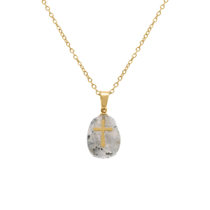 COLLIER ACIER DORÉ PENDENTIF LABRADORITE VÉRITABLE AVEC CROIX 40+6CM