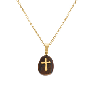 COLLIER ACIER DORÉ PENDENTIF OEIL DE TIGRE MARRON VÉRITABLE AVEC CROIX 40+6CM