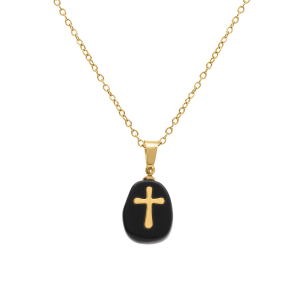 COLLIER ACIER DORÉ PENDENTIF AGATE NOIRE VÉRITABLE AVEC CROIX 40+6CM