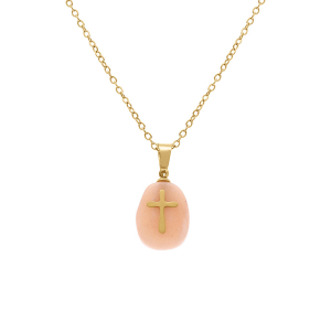COLLIER ACIER DORÉ PENDENTIF QUARTZ VÉRITABLE AVEC CROIX 40+6CM
