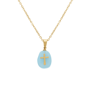 COLLIER ACIER DORÉ PENDENTIF DUMORTHERITE VÉRITABLE AVEC CROIX 40+6CM