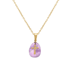 COLLIER ACIER DORÉ PENDENTIF AMÉTHYSTE VÉRITABLE AVEC CROIX 40+6CM